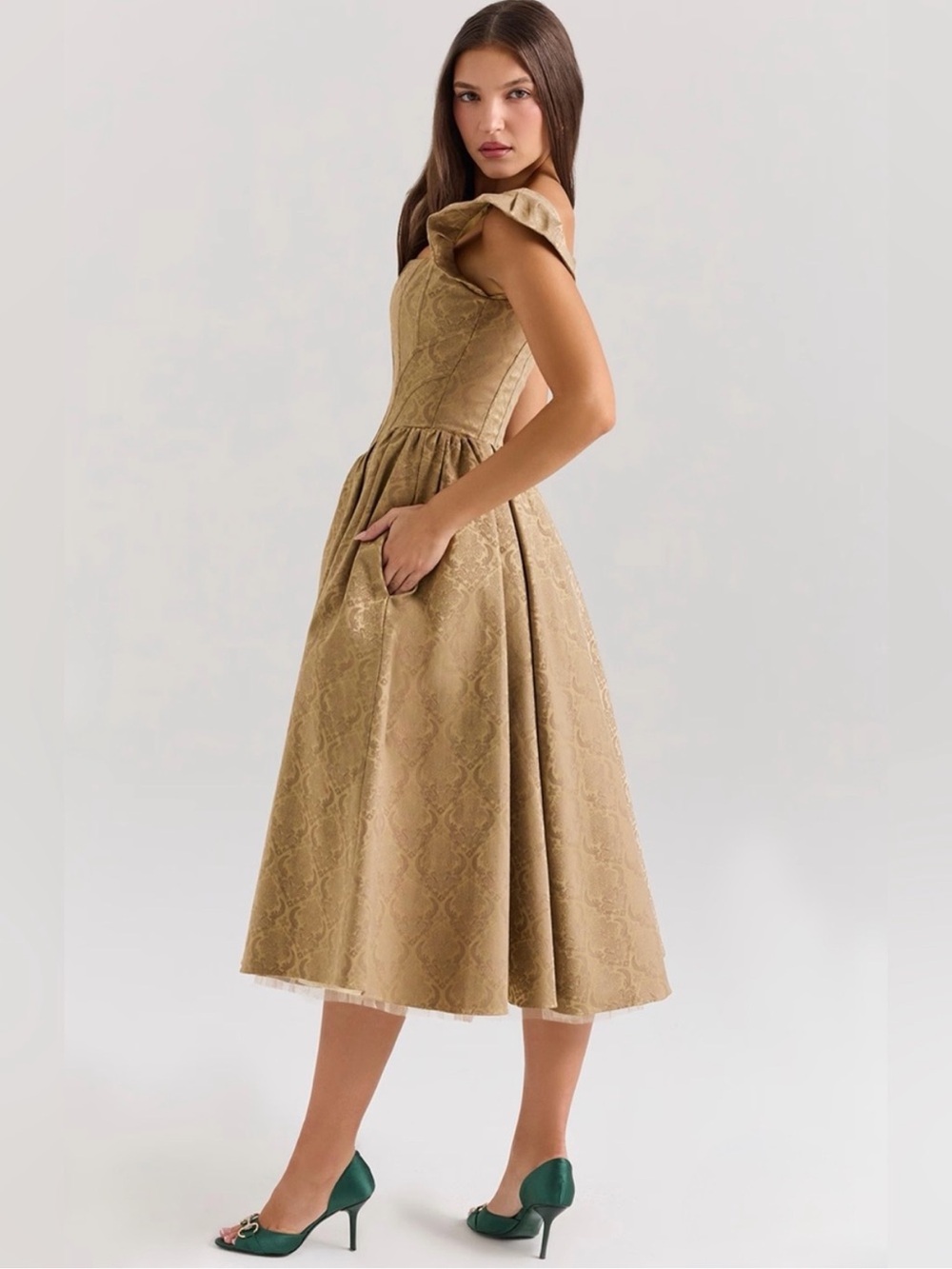 House of CB ALESSANDRA Gold Jacquard Midi Dress With Detachable - Picture 7 of 16
